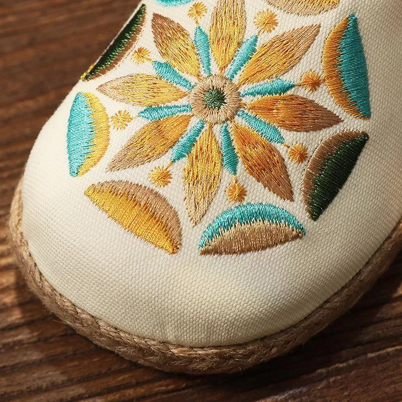 Black Embroideried Cotton Linen Slippers Shoes