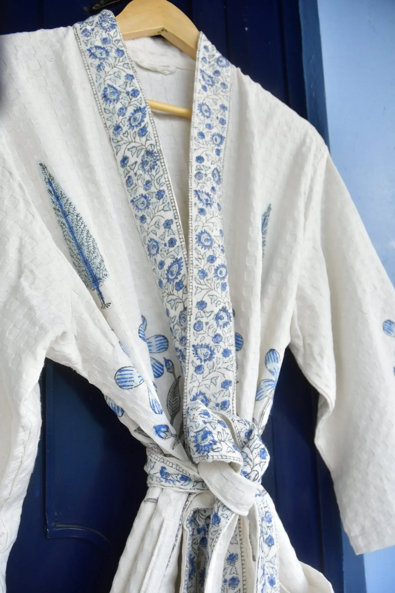 Blue Floral and Cypress Waffle Cotton HandBlock Bathrobe