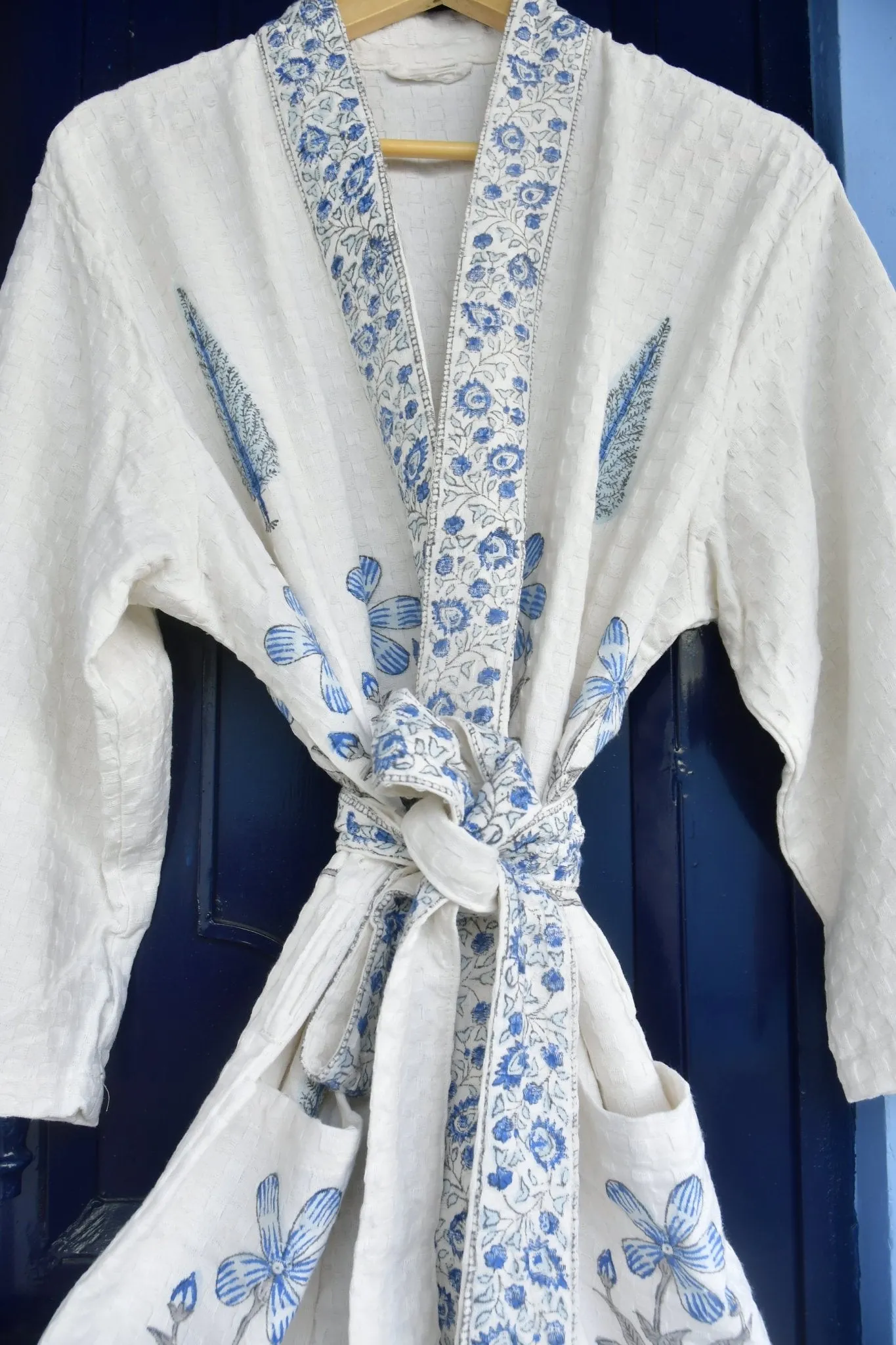 Blue Floral and Cypress Waffle Cotton HandBlock Bathrobe