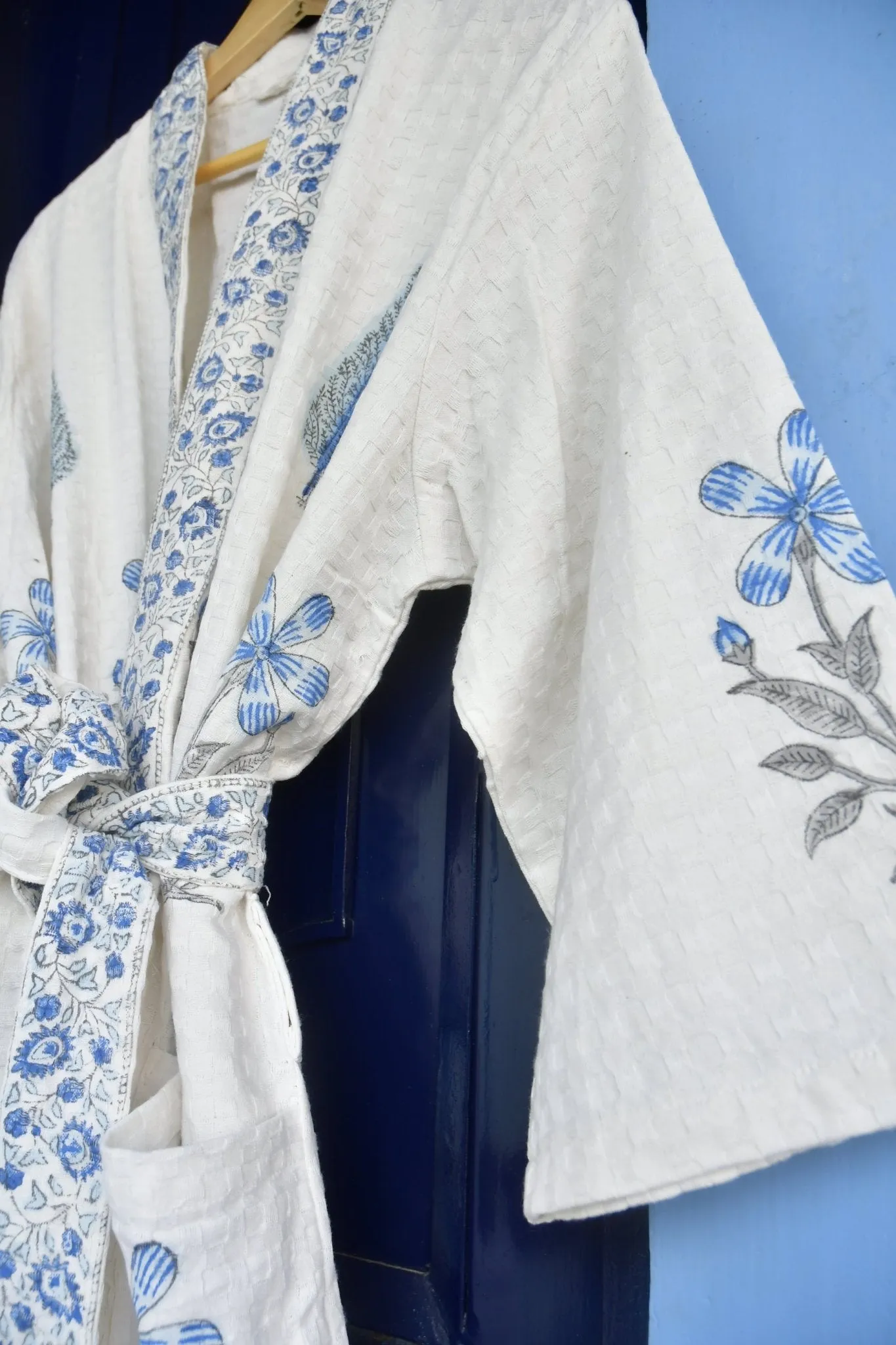 Blue Floral and Cypress Waffle Cotton HandBlock Bathrobe