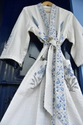 Blue Floral and Cypress Waffle Cotton HandBlock Bathrobe