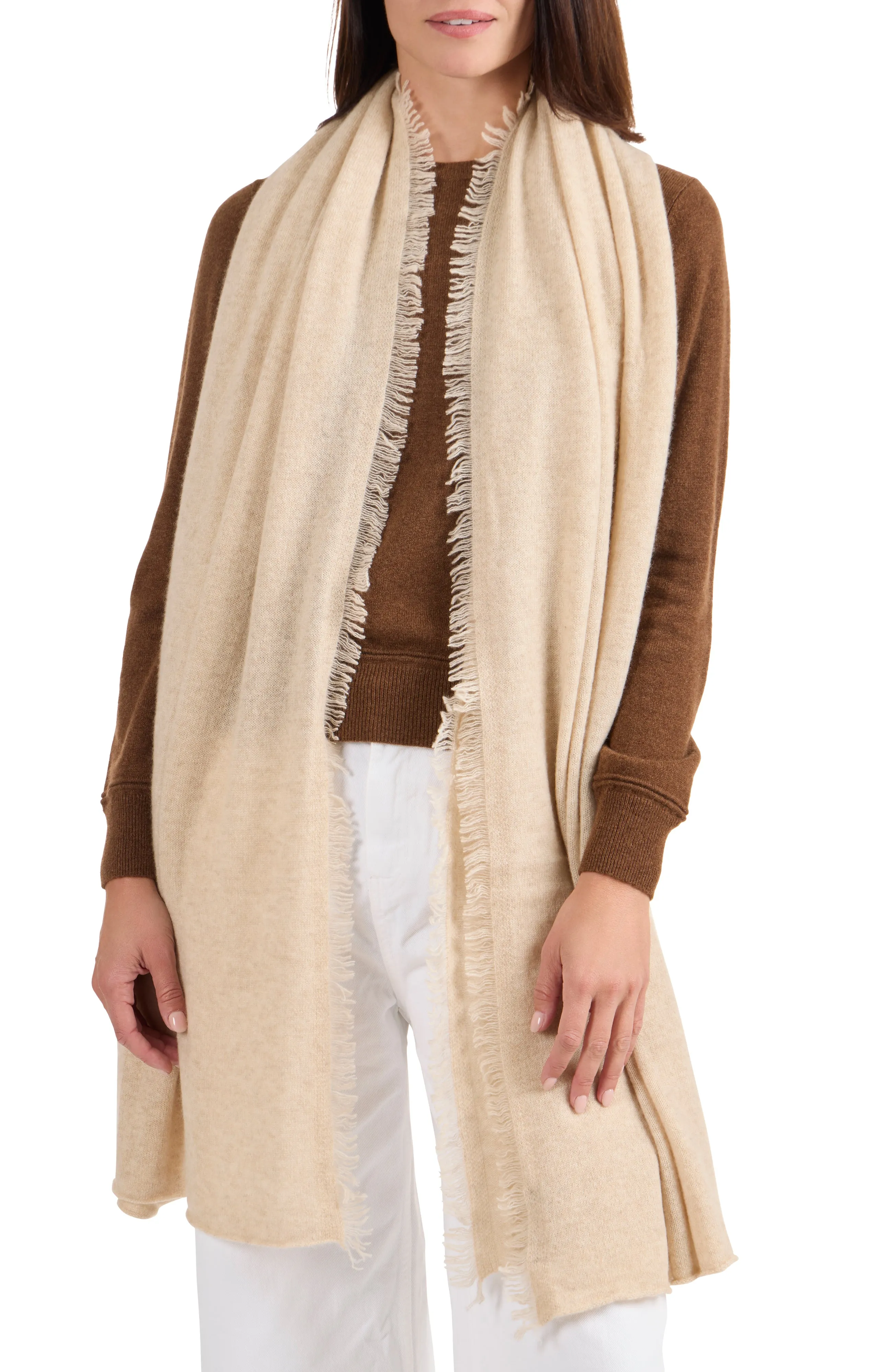 CASHMERE KNIT WRAP WITH FRINGE