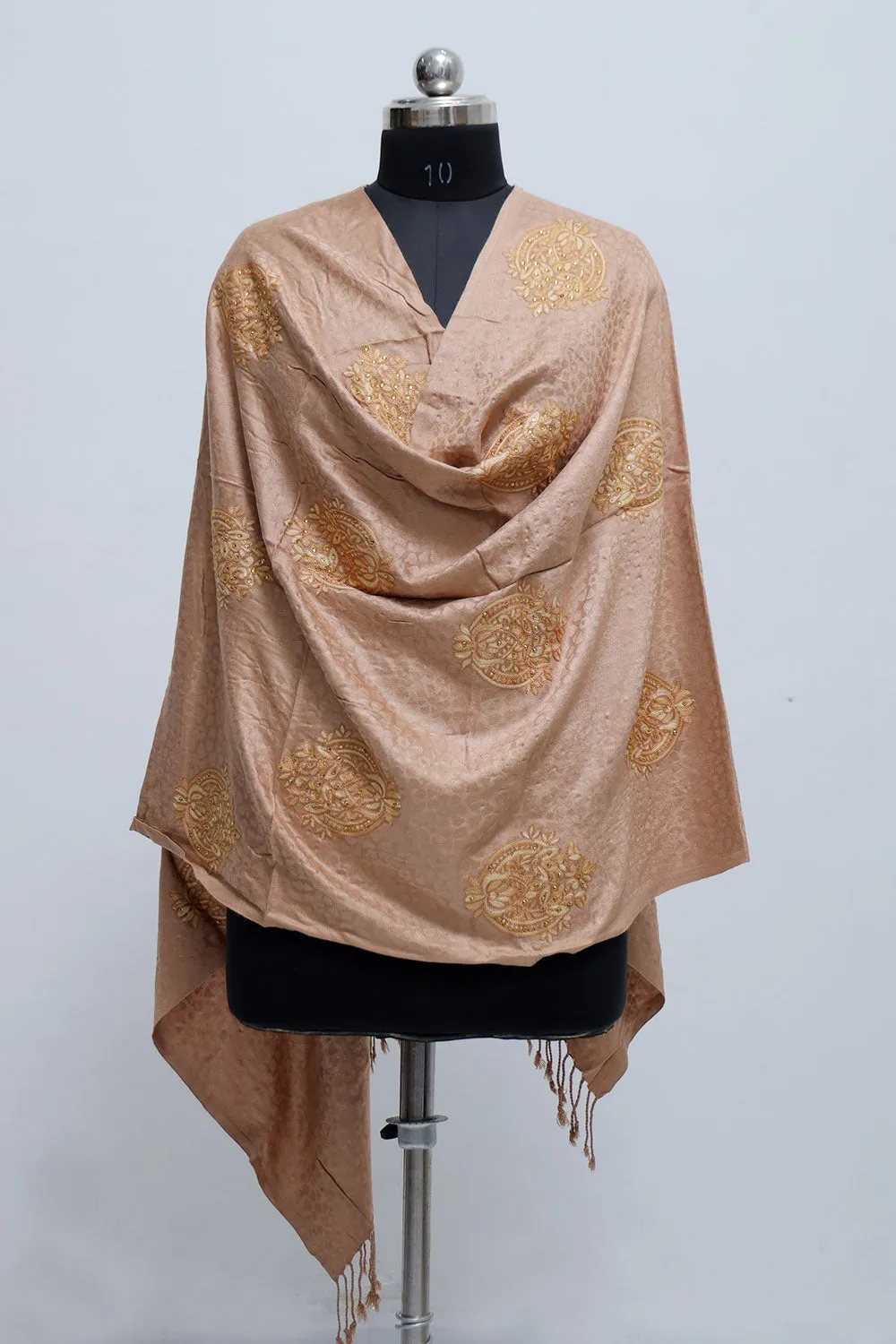 Fawn Colour Stole Enriched With Aari Embroidery And A Touch Of Swarovski Looks Wonderful.