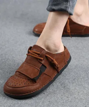 Fine Chocolate Lace Up Hollow Out Cowhide Leather Slippers