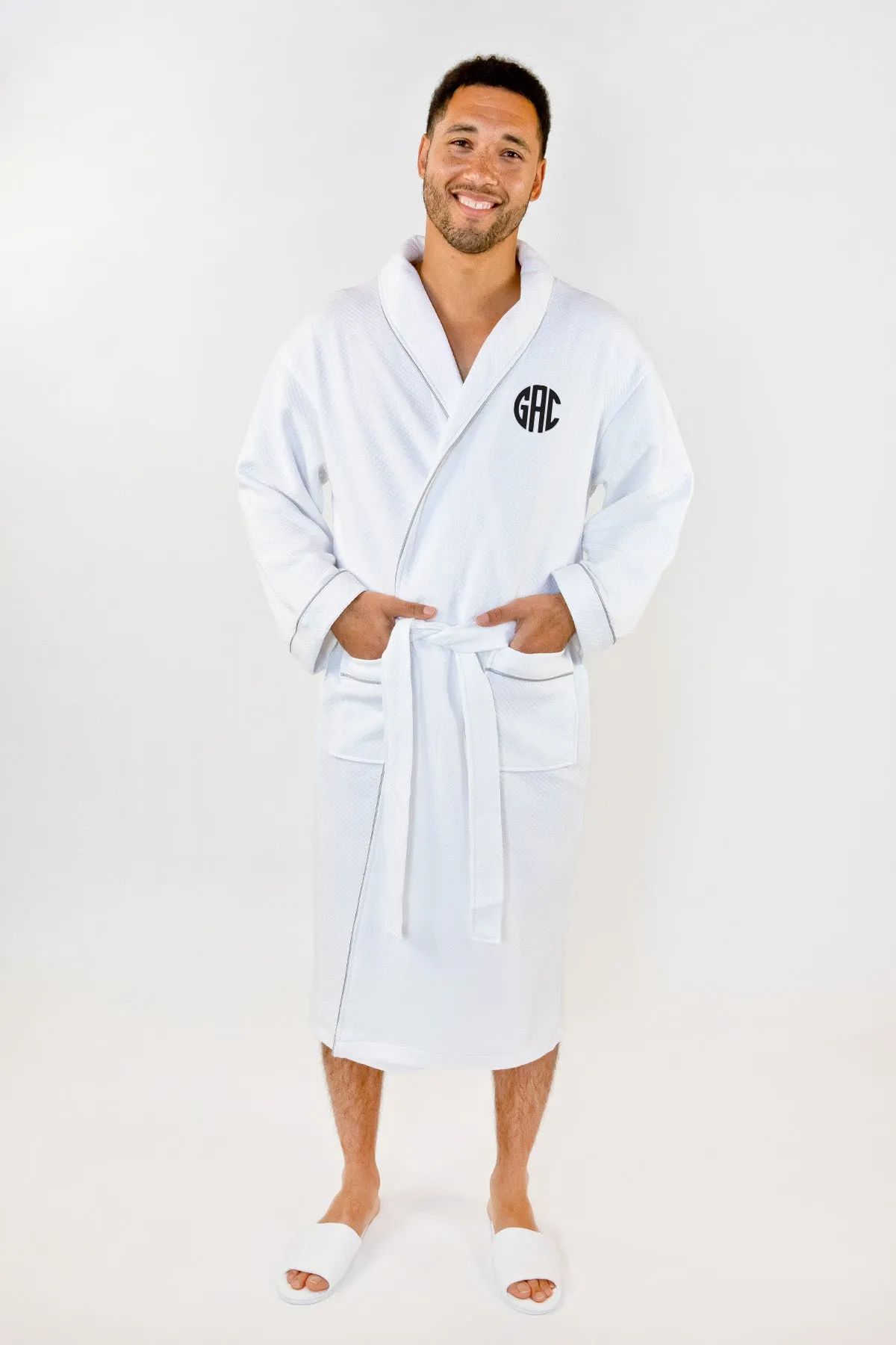 Grid Style Embroidered Bathrobe White with Grey Piping