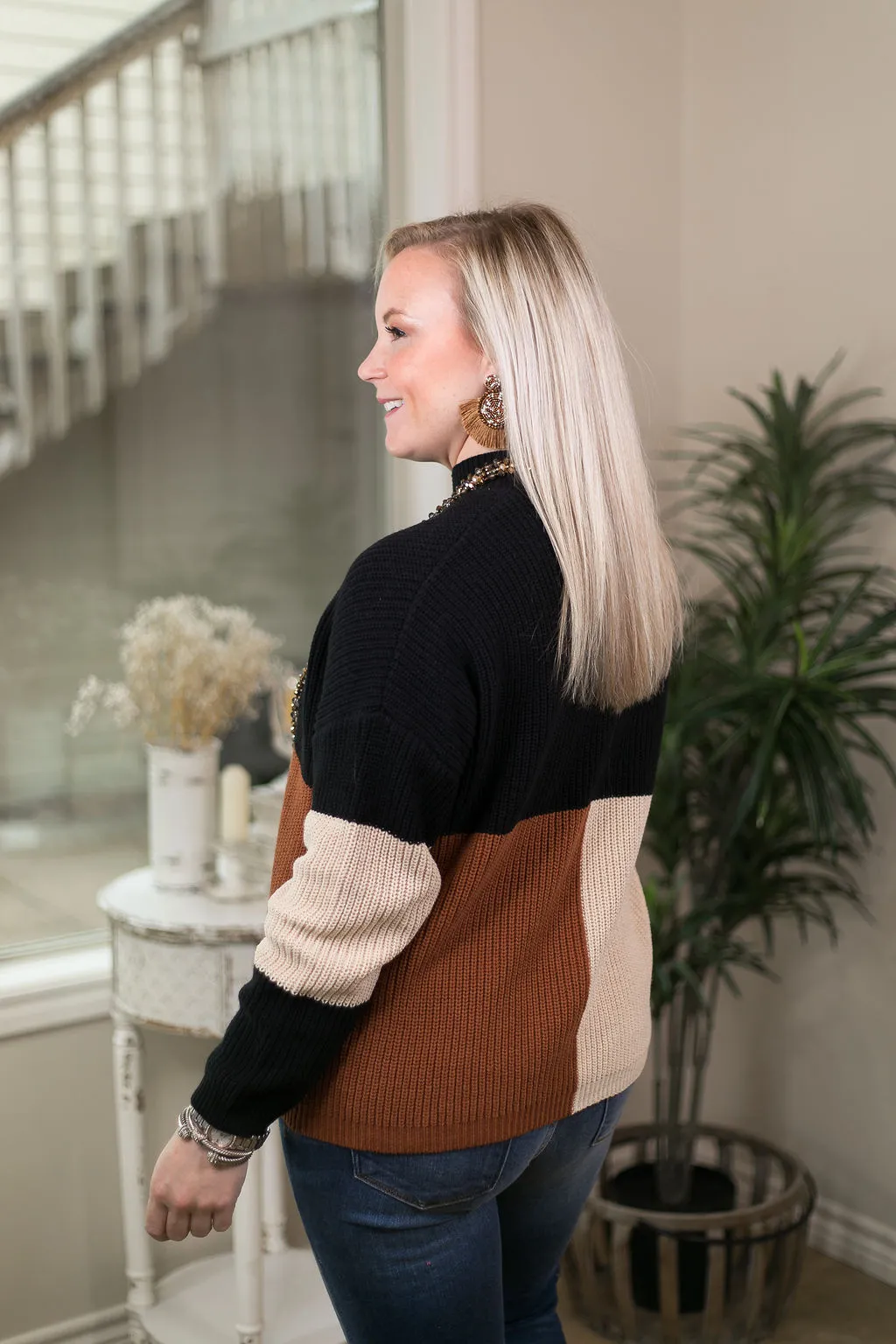 Just Warming Up Color Block Knit Pullover Sweater in Black & Rust