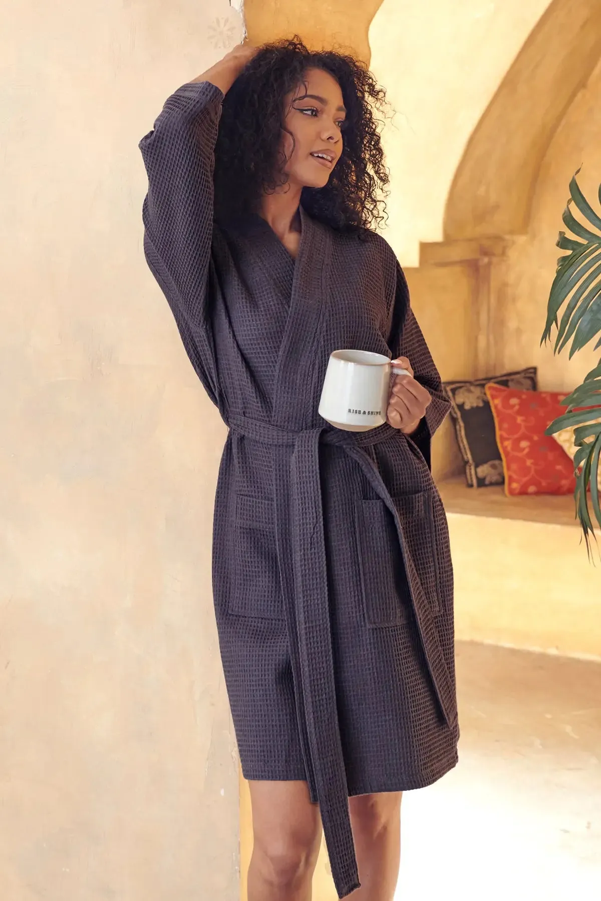 Knee-Length Waffle Kimono Robe for Women