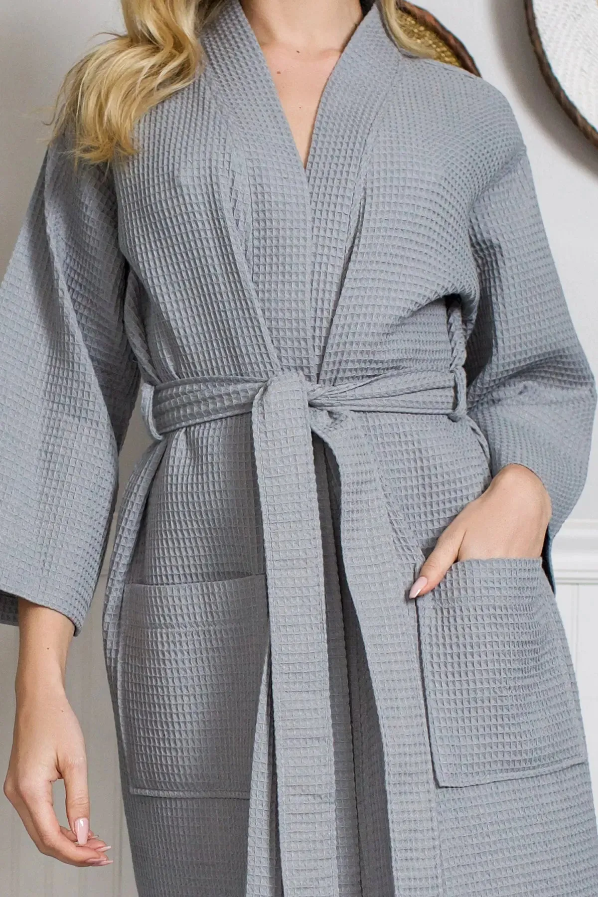 Knee-Length Waffle Kimono Robe for Women