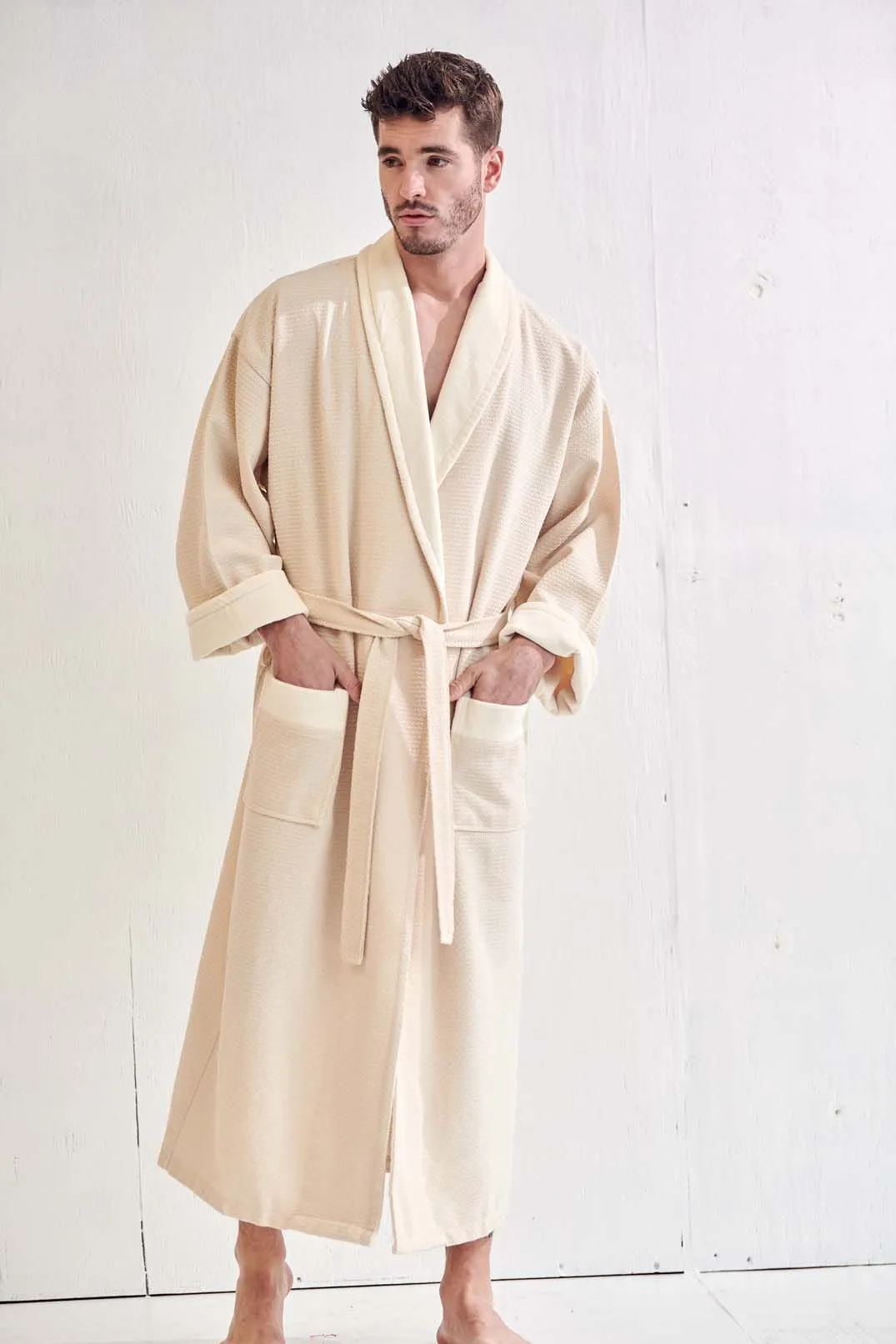 Men's Waffle Cotton Turkish Velour Beige Shawl Collar Bathrobe, Luxury Soft & Comfort,