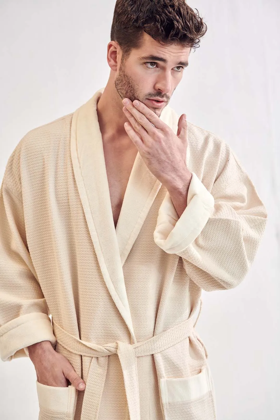 Men's Waffle Cotton Turkish Velour Beige Shawl Collar Bathrobe, Luxury Soft & Comfort,