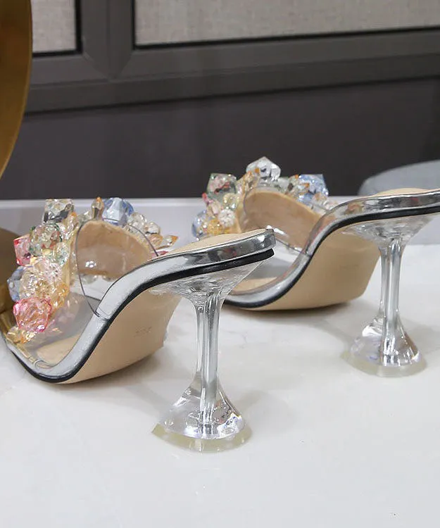 Silver Crystal Splicing Peep Toe Clear High Heel Slippers