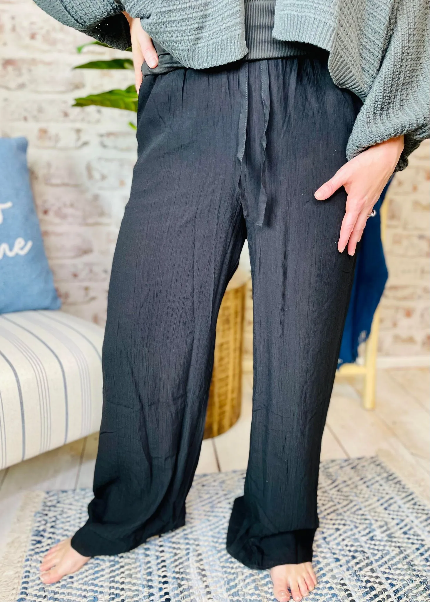 Solid Black Drawstring Wide Leg Pants