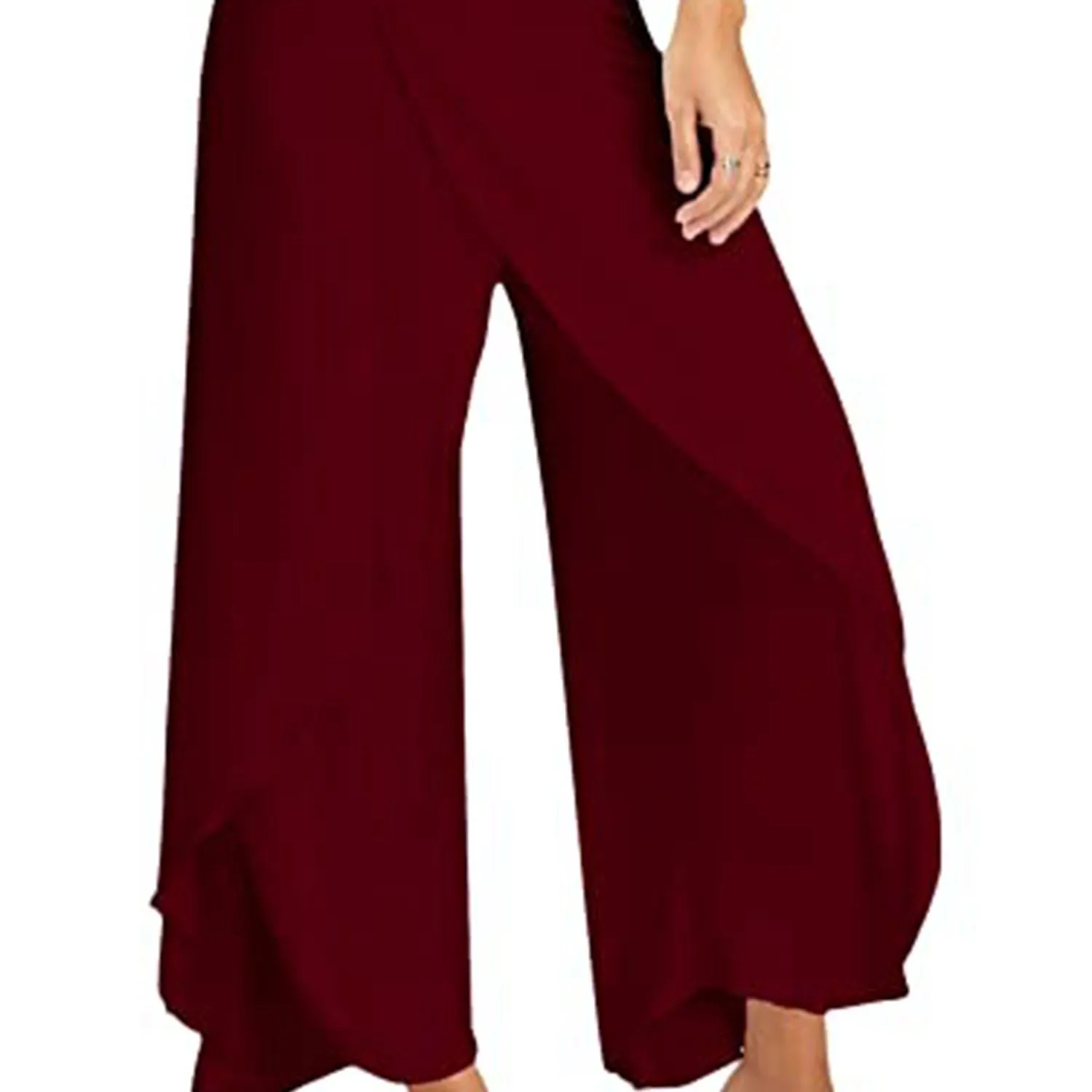 Solid Casual High Slit Flowy Layered Fashion Loose Wide Leg Pants