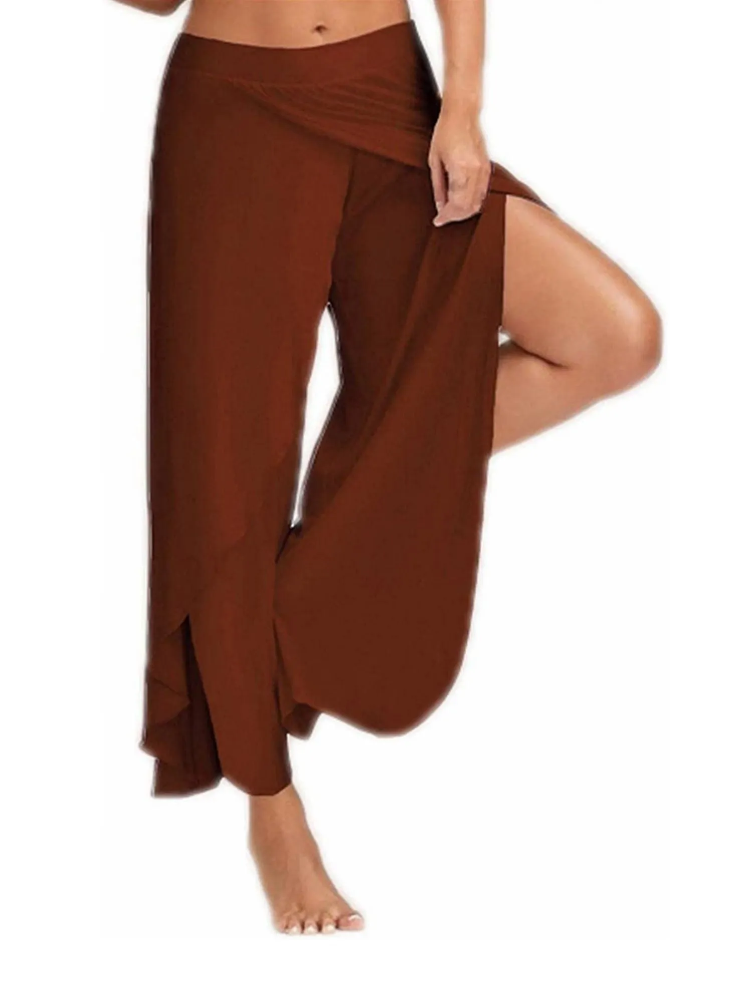 Solid Casual High Slit Flowy Layered Fashion Loose Wide Leg Pants