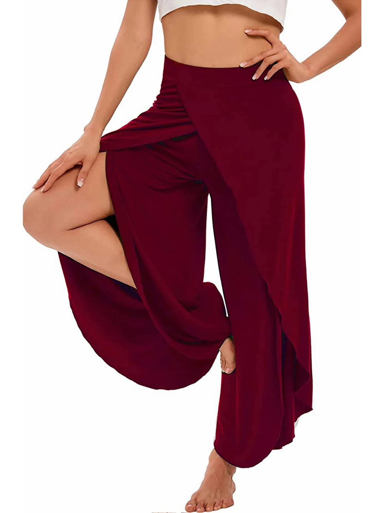 Solid Casual High Slit Flowy Layered Fashion Loose Wide Leg Pants