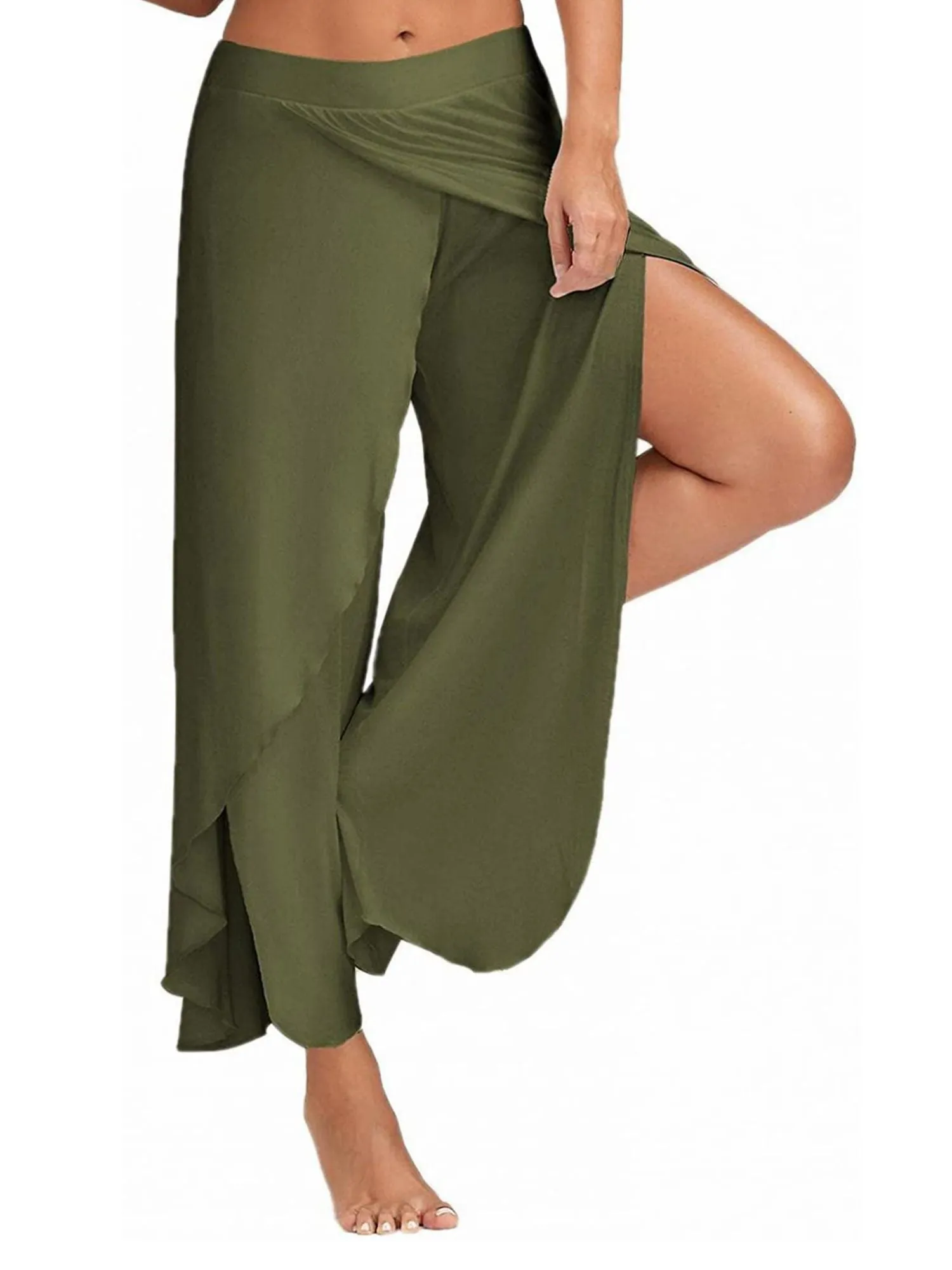 Solid Casual High Slit Flowy Layered Fashion Loose Wide Leg Pants