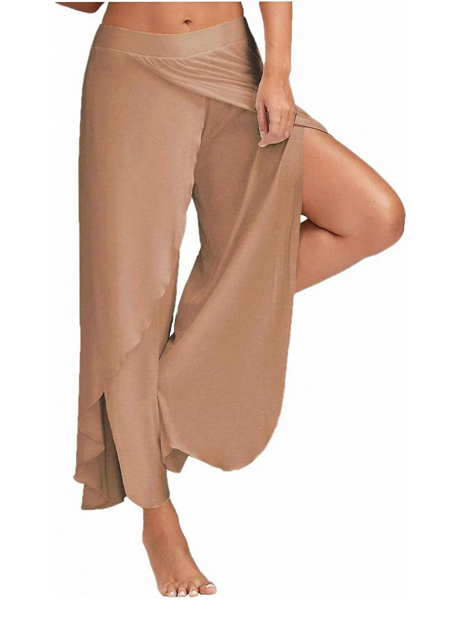 Solid Casual High Slit Flowy Layered Fashion Loose Wide Leg Pants