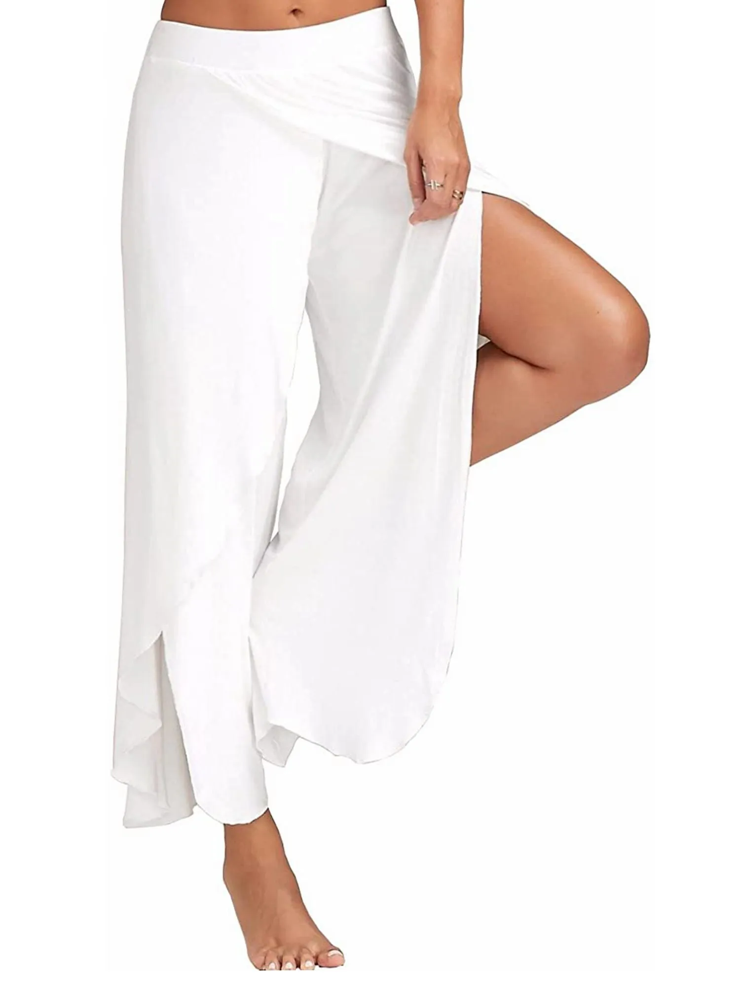 Solid Casual High Slit Flowy Layered Fashion Loose Wide Leg Pants