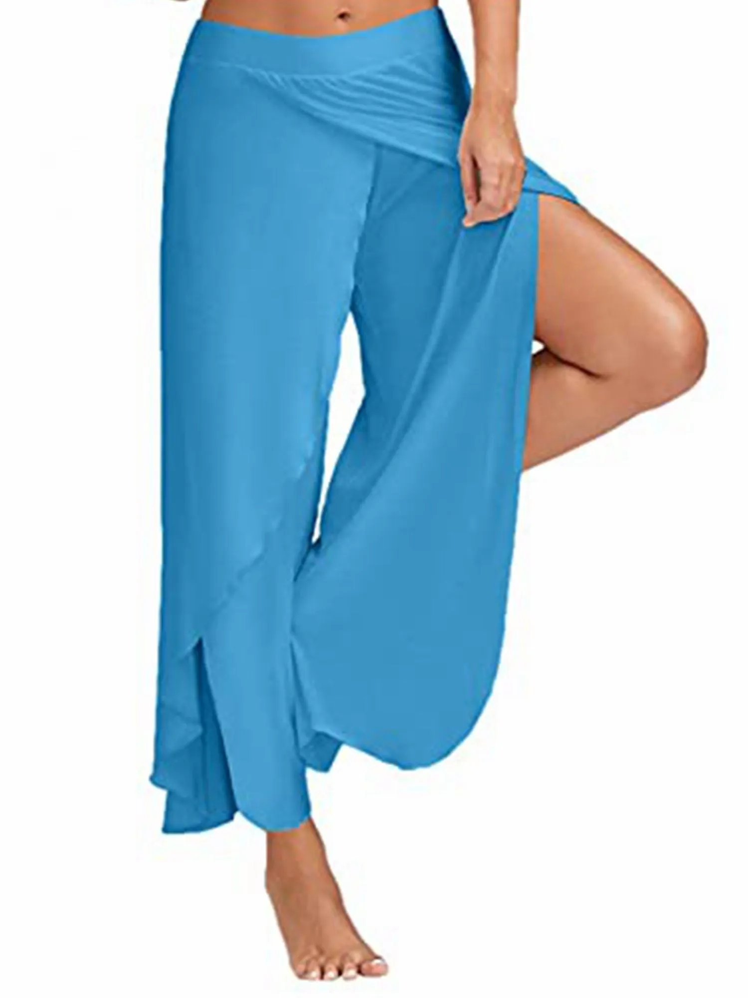 Solid Casual High Slit Flowy Layered Fashion Loose Wide Leg Pants