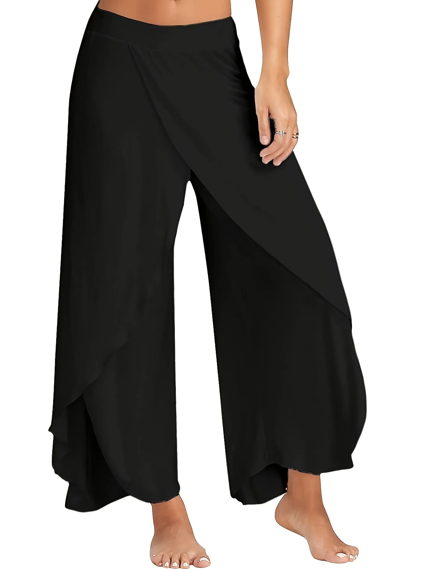 Solid Casual High Slit Flowy Layered Fashion Loose Wide Leg Pants