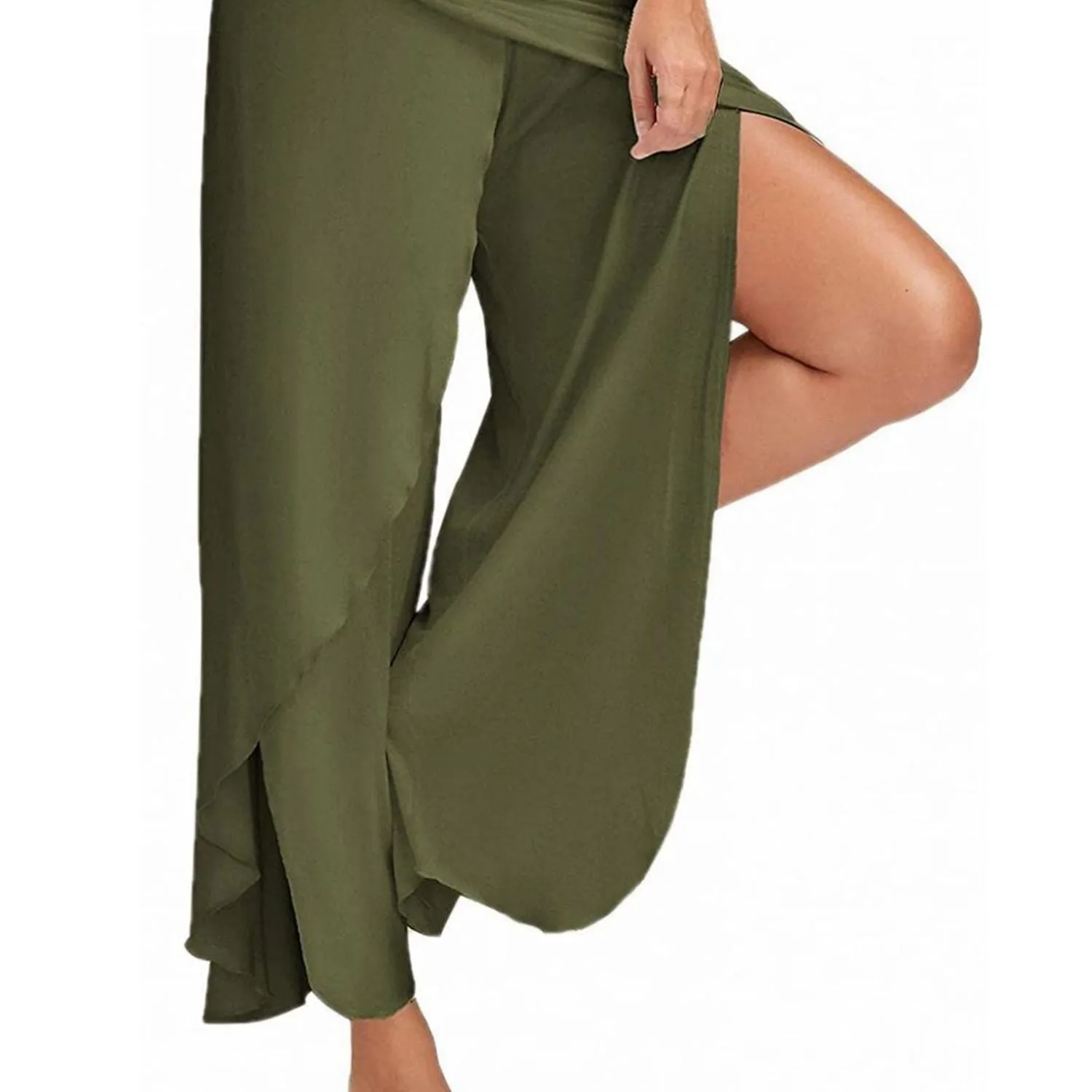 Solid Casual High Slit Flowy Layered Fashion Loose Wide Leg Pants