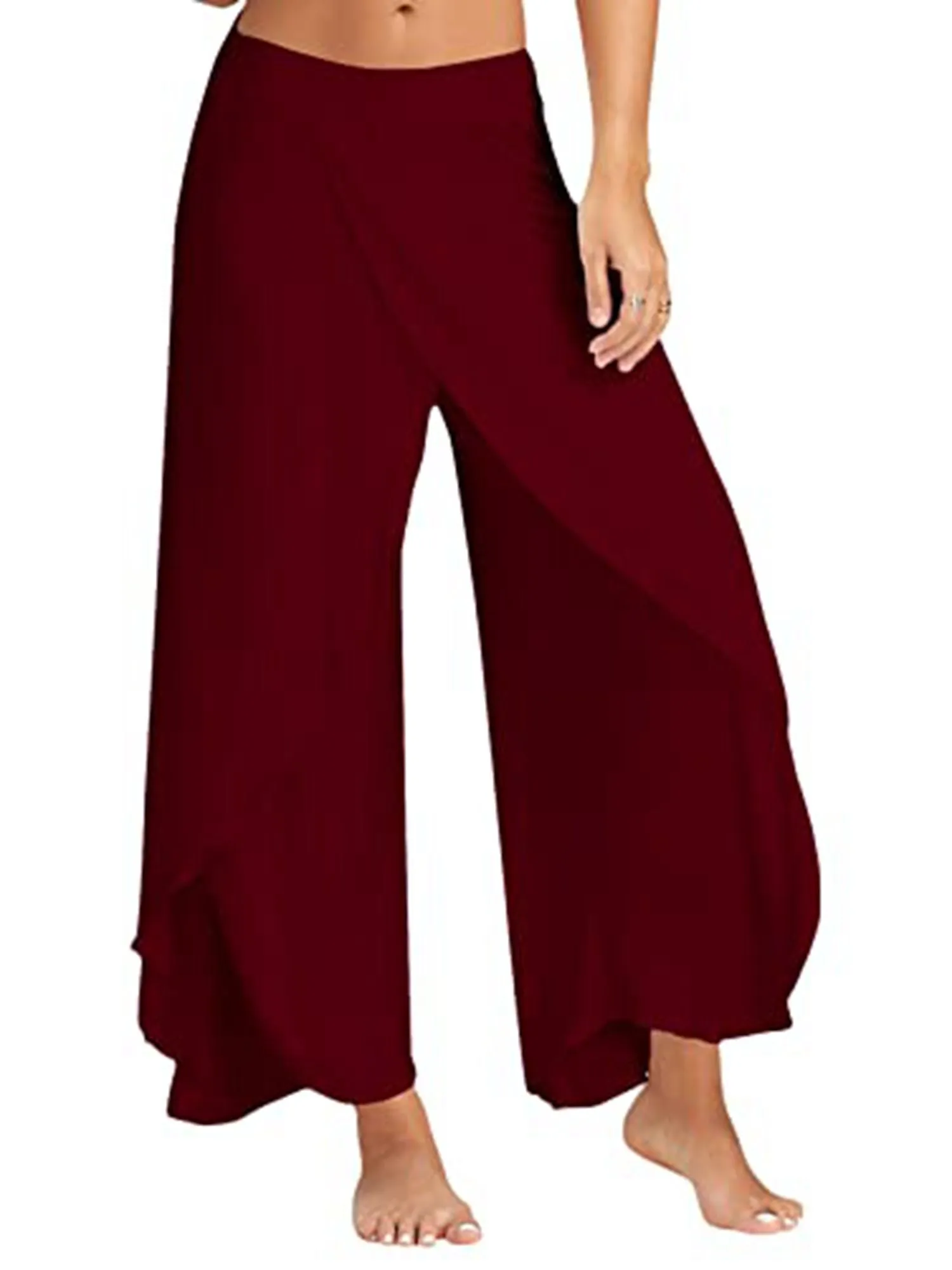 Solid Casual High Slit Flowy Layered Fashion Loose Wide Leg Pants