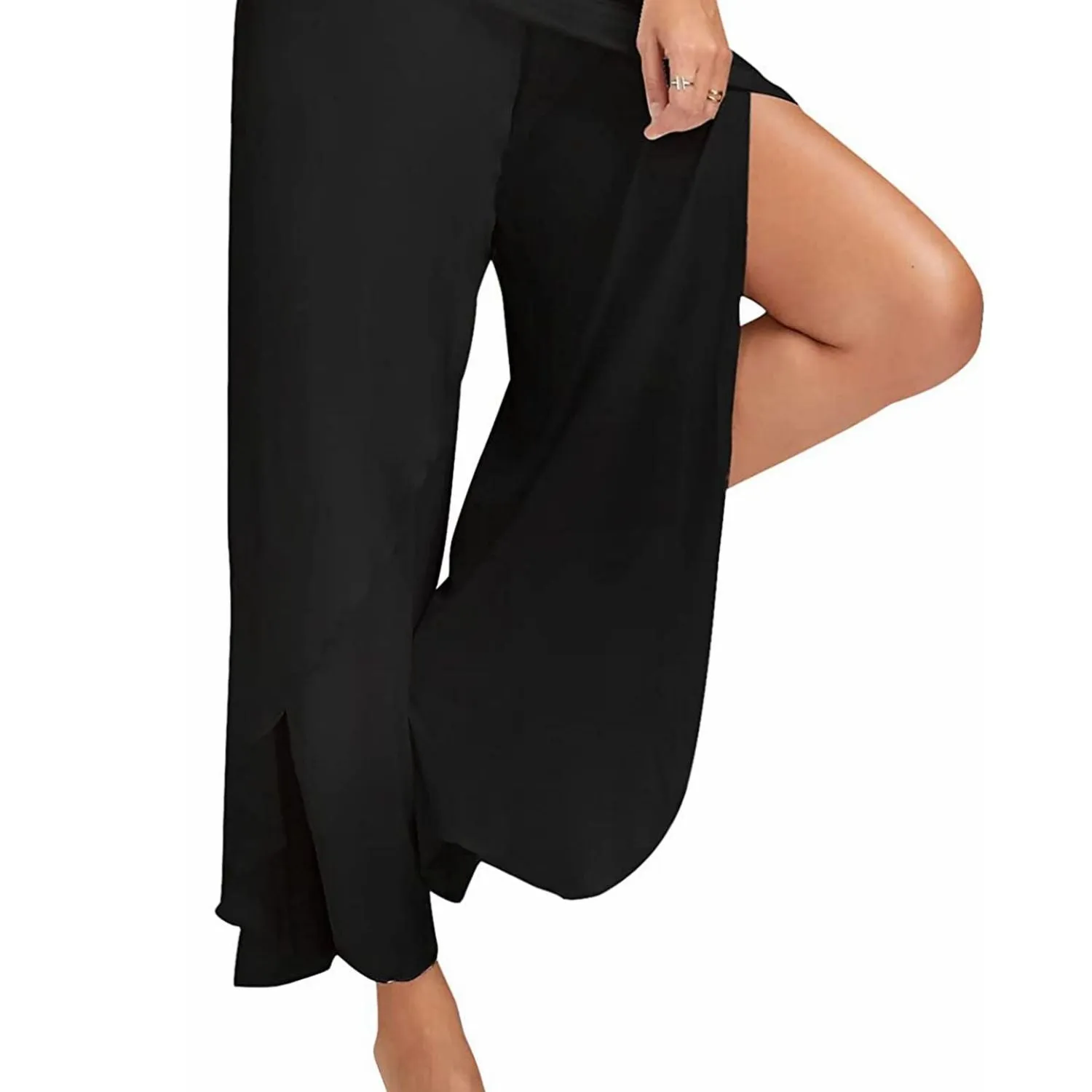 Solid Casual High Slit Flowy Layered Fashion Loose Wide Leg Pants