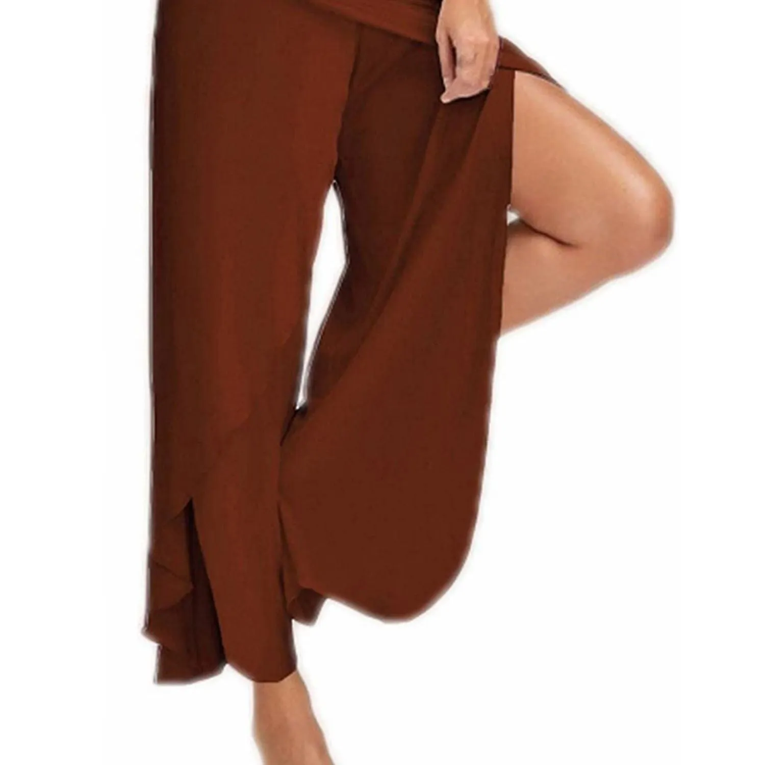 Solid Casual High Slit Flowy Layered Fashion Loose Wide Leg Pants