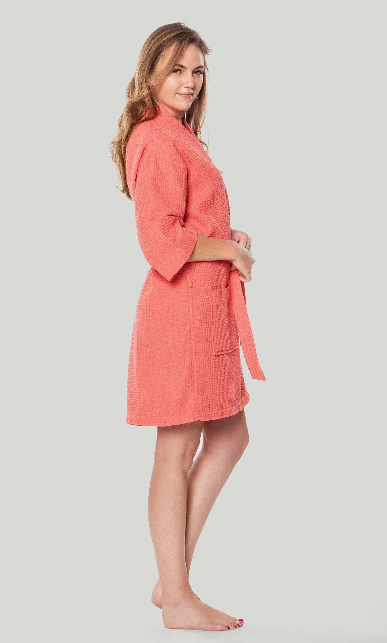 Waffle Kimono Coral Short Robe