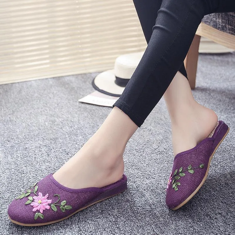 Women Khaki Embroideried Linen Fabric Slippers Shoes