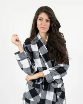 Women's Black & White Plaid Flannel Robe