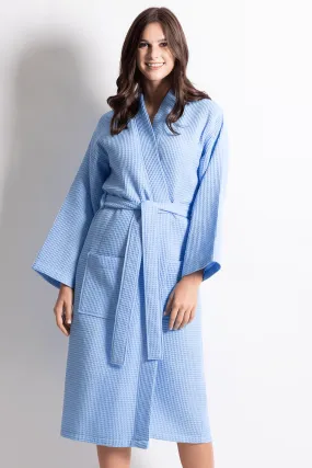 Women's Long Waffle Cotton Turkish Bathrobe, Kimono Style, Luxury Robe Poly blend (Serenity Blue)