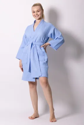 Women's Waffle Cotton Turkish Kimono Bathrobe, Stylish Knee Length Robe & Comfort, (Serenity Blue)