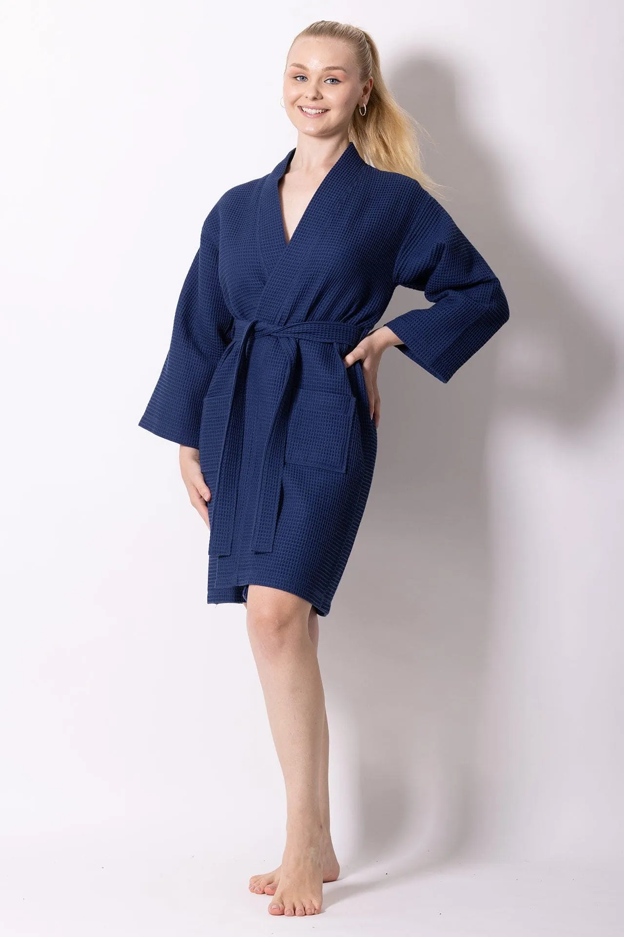 Women's Waffle Kimono Bathrobe, Stylish Knee Length Robe Luxury Cotton Turkish & Comfort, (Navy)